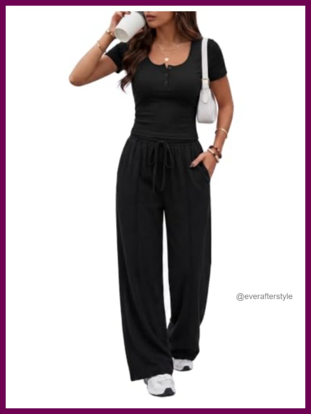 2 Piece Lounge Set Square Neck Henley Top Wide Leg Drawstring Pants